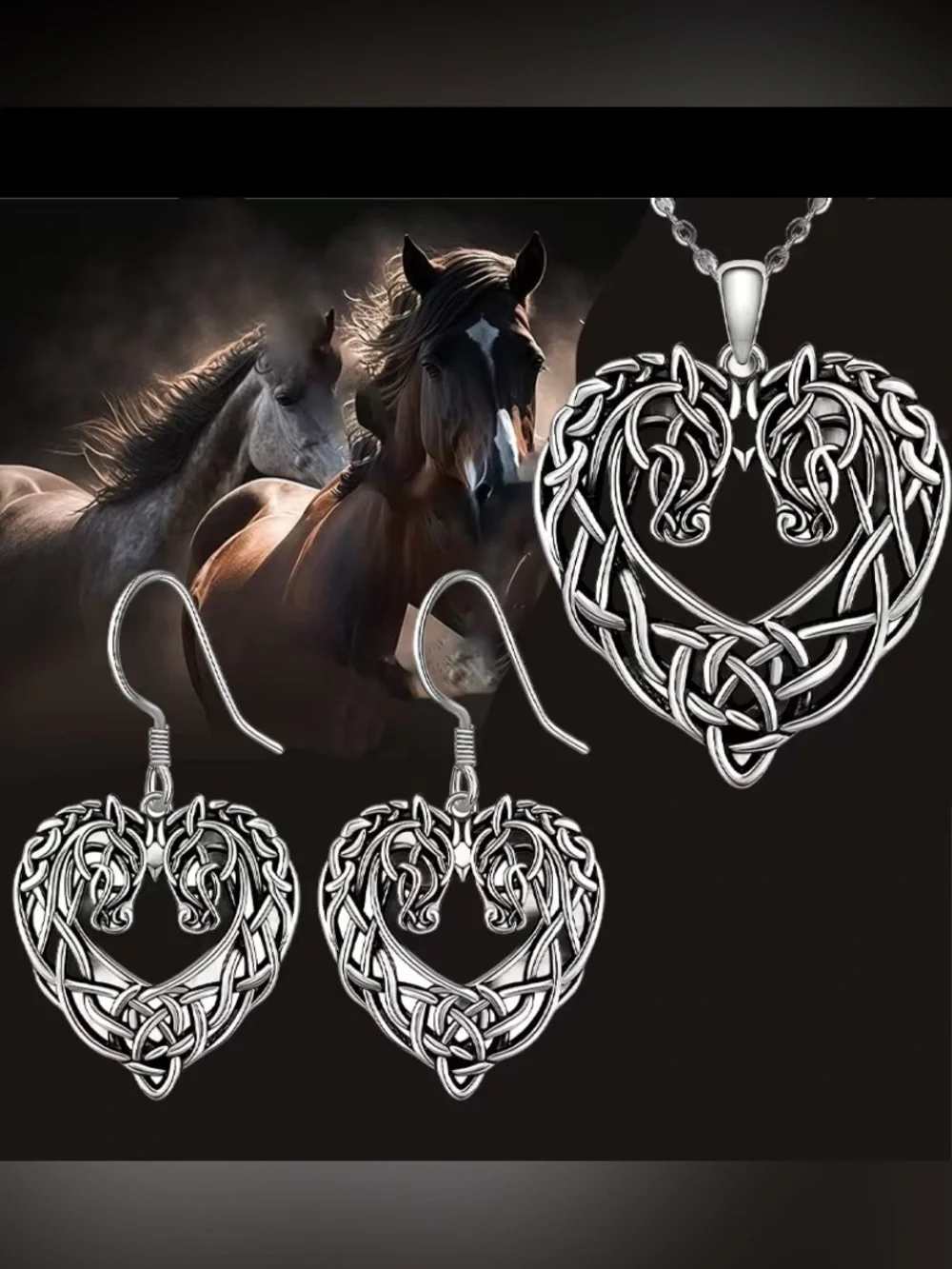 Celtic Horse Heart Pendant and Earrings Set